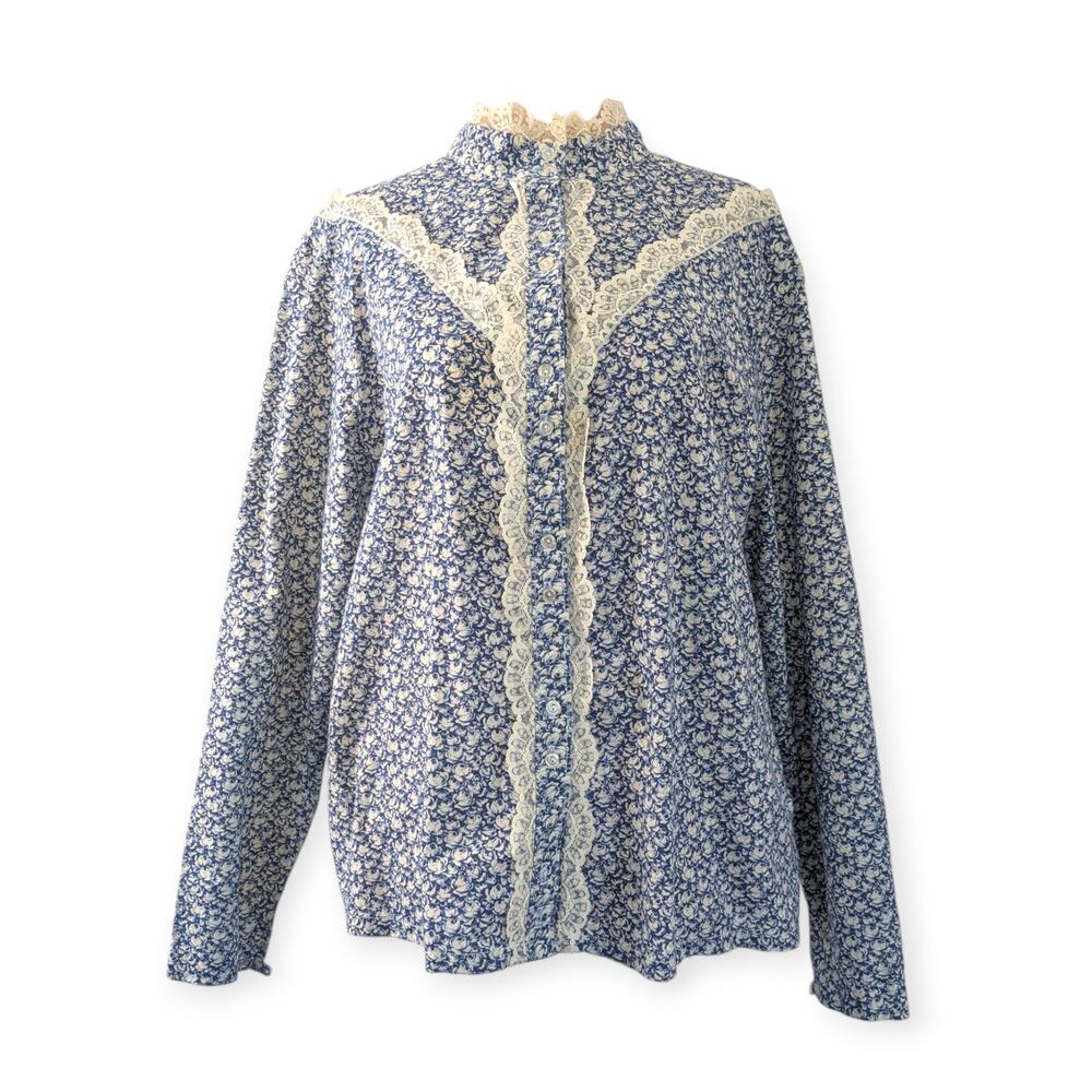 70s Prairie Calico Button-Up Blouse JOHN MATTHEWS Sz 36 / 10 lace trim